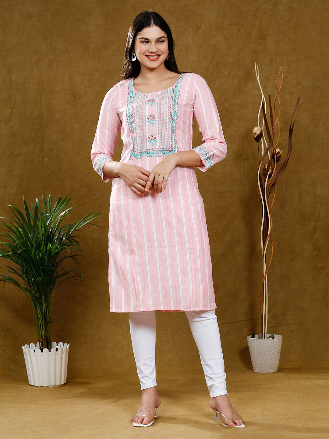 

DUMMY SHAPE Women Cotton Round Neck Striped Maternity Kurta, Pink