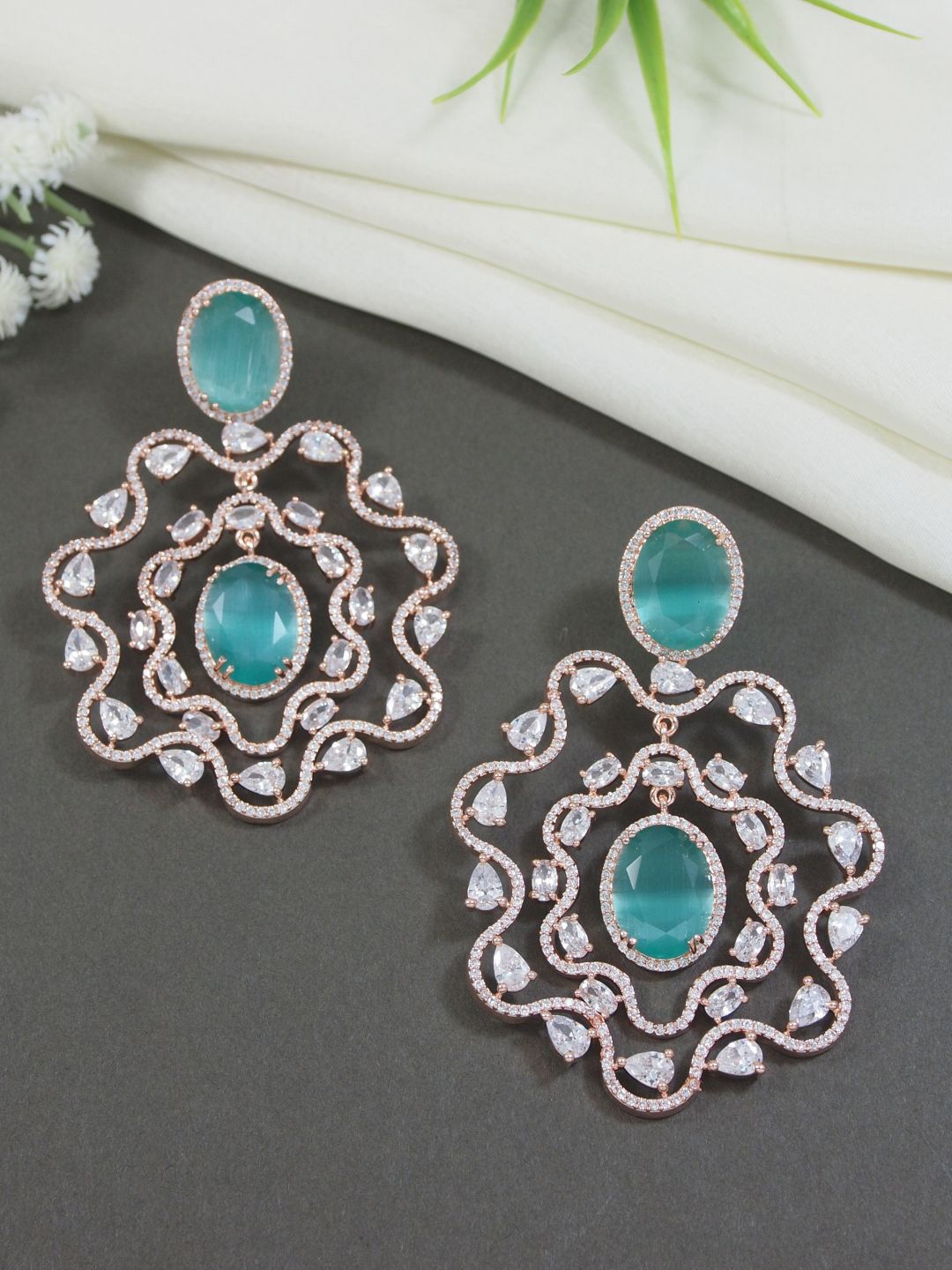 

I Jewels Rose Gold-Plated Contemporary Drop Earrings, Sea green