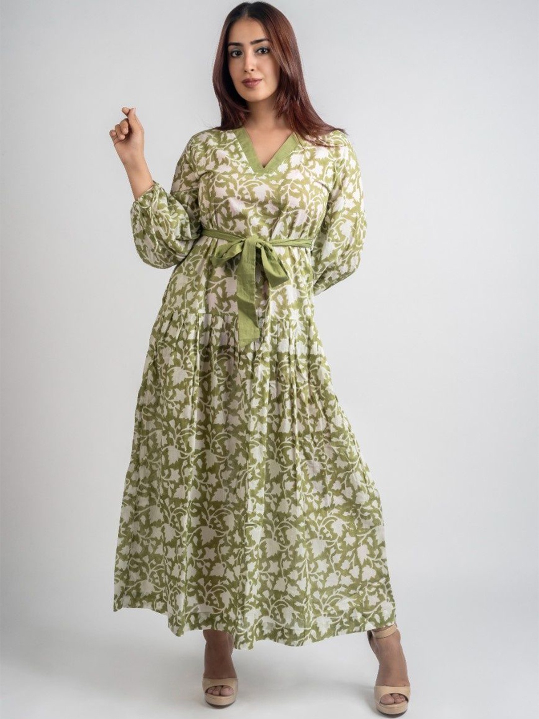 

Maati By Neha Kabra Women Floral Printed Belted Fit & Flare Cotton Maxi Dress, Green