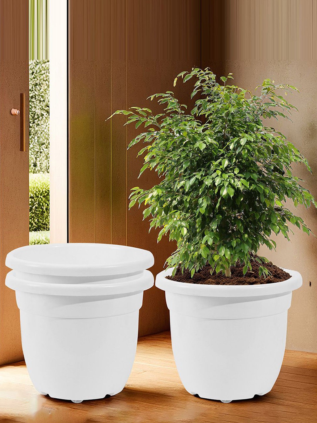 

Kuber Industries White 3 Pieces Recyclable Planters With Removable Wheels