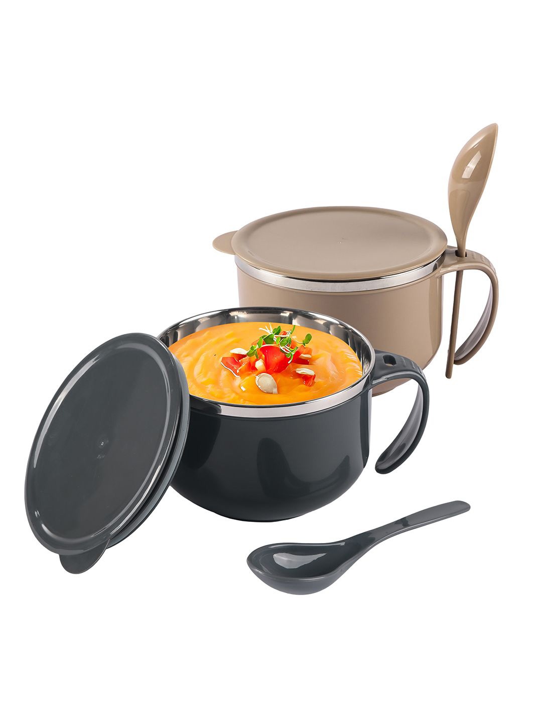 

Kuber Industries Grey & Brown 2 Pieces Soup Bowl with Spoon & Holder 600 ml