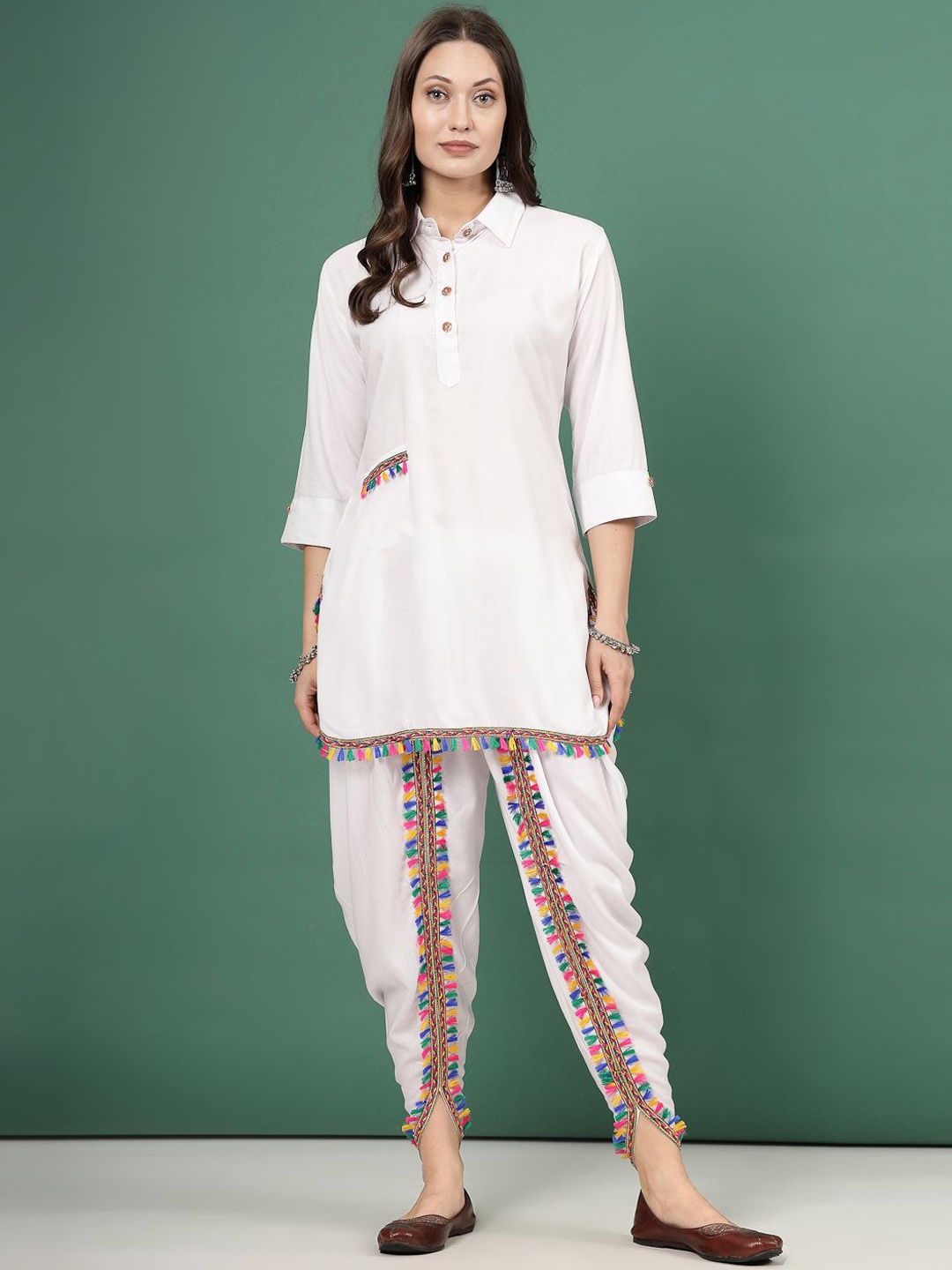 

Clora Creation Embellished Shirt Collar Tunic With Dhoti Pant, White