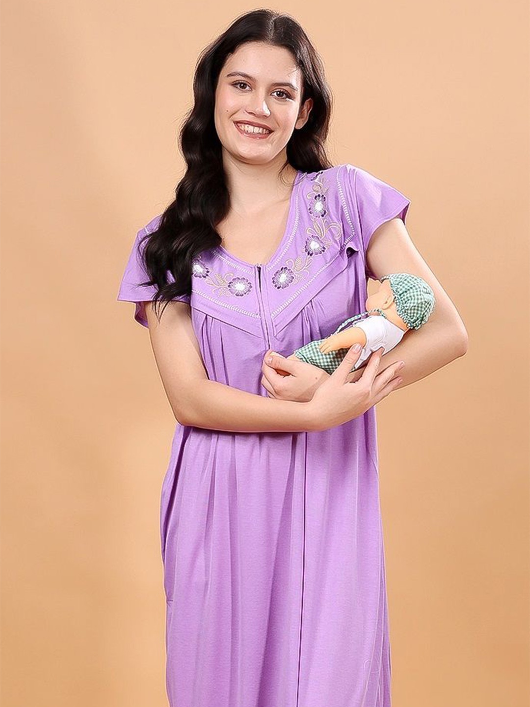 

CHUI MUI Women Embroidered Maxi Maternity Nightdress, Lavender