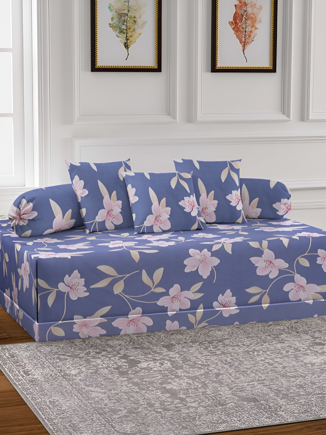 

Arrabi Blue & Pink 6 Pieces Floral Printed Diwan Set