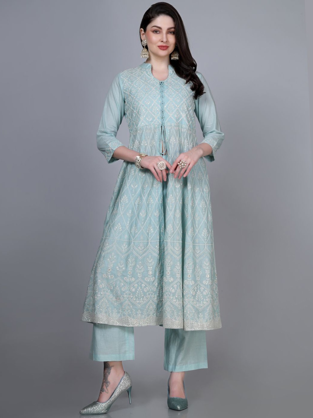 

Laxis Women Floral Embroidered Regular Thread Work Pure Cotton A-Line Kurta With Trousers, Blue