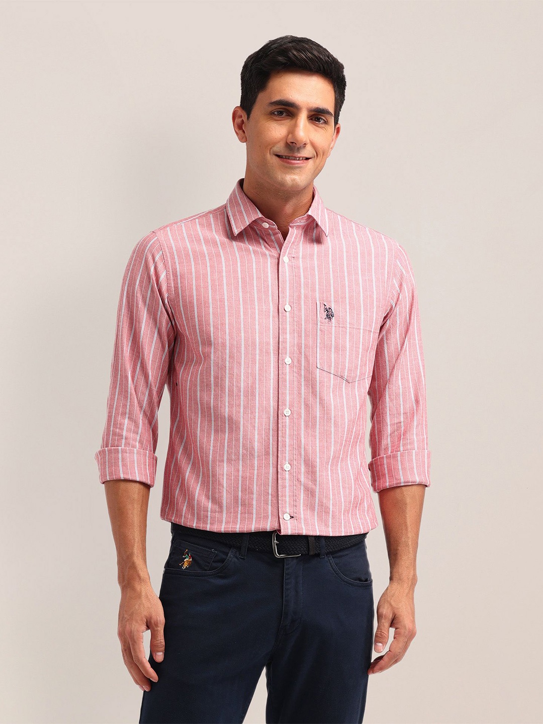 

U.S. Polo Assn. Men Classic Tailored Fit Opaque Striped Casual Shirt, Red