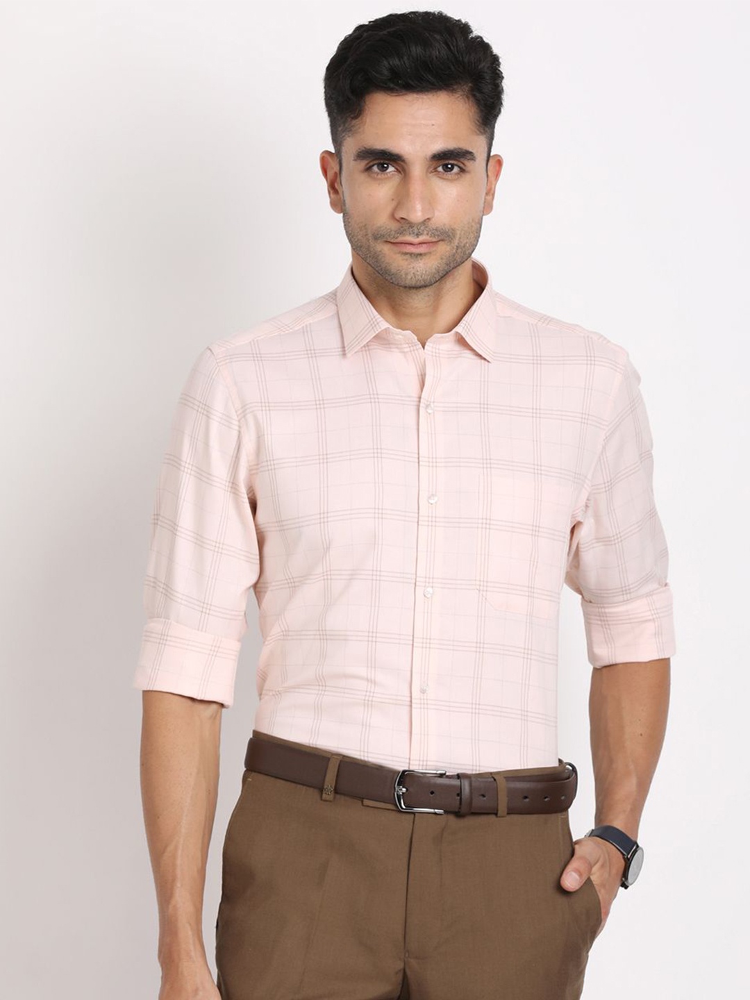 

Turtle Men Standard Slim Fit Windowpane Checks Opaque Checked Formal Shirt, Pink