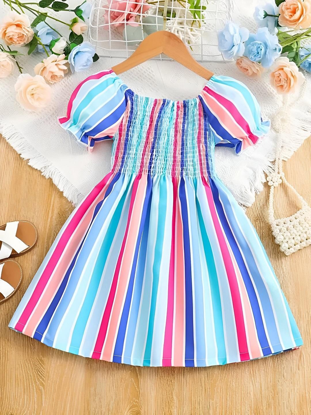 

Miss & Chief Girls Striped Puff Sleeves Fit & Flare Dress, Blue