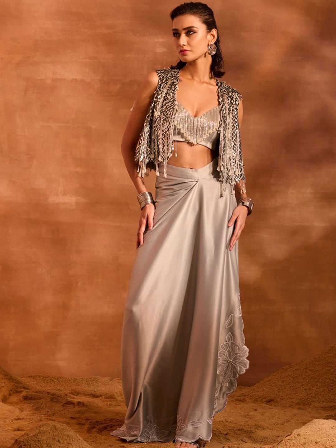 

DIVYA AGGARWAL Embellished Shoulder Straps Neck Sleeveless Top With Skirt With Shrug, Silver