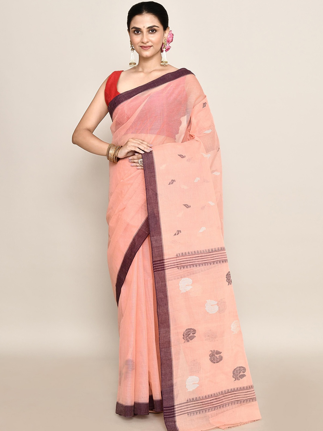 

PUKU Ethnic Motifs Patchwork Pure Cotton Taant Saree, Peach