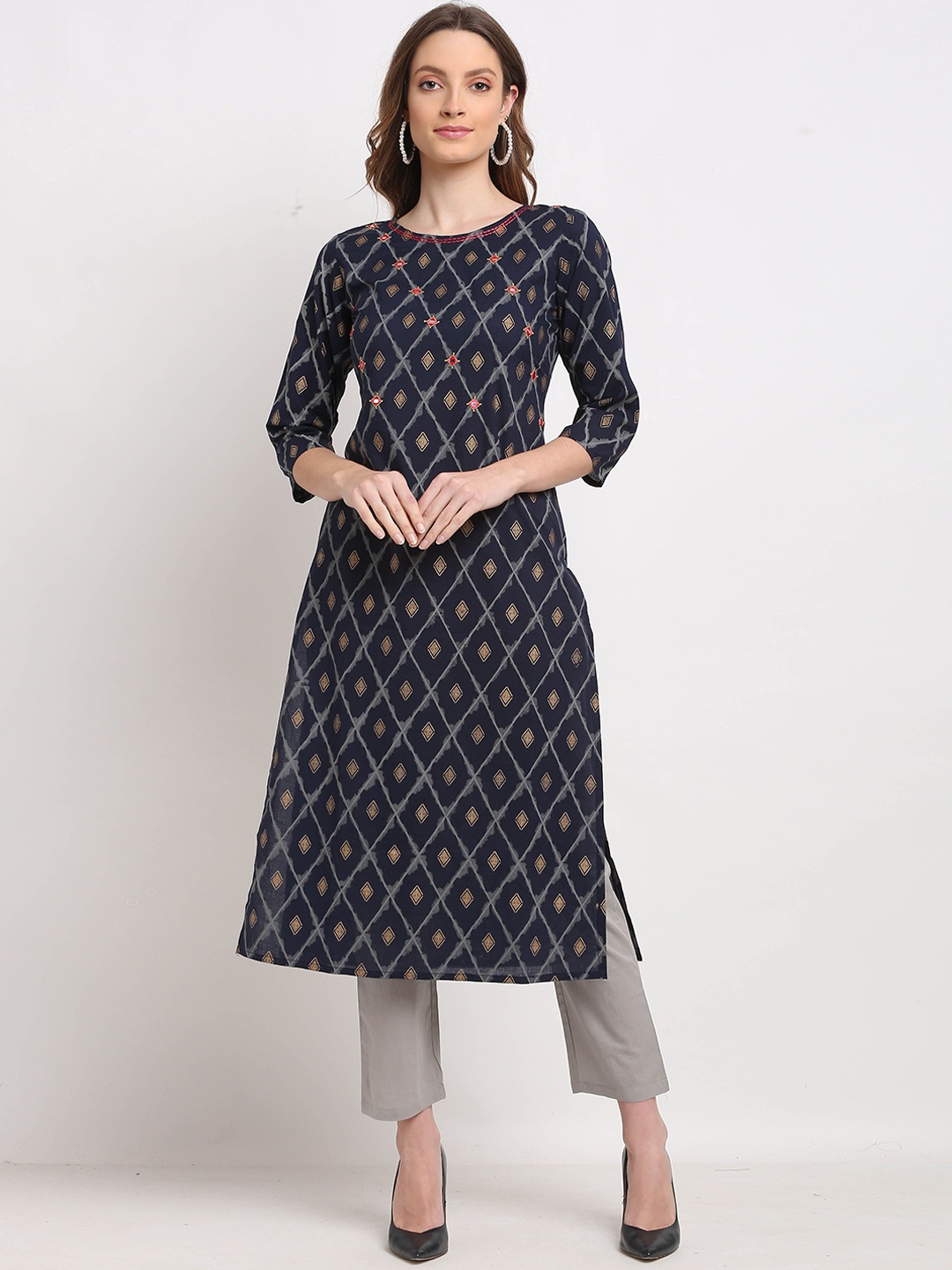

Roly Poly Women Floral Embroidered Regular Pure Cotton Kurta with Trousers & With Dupatta, Navy blue