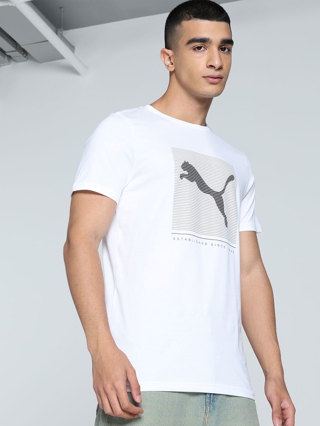 

Puma Striped Logo Graphic Printed Slim Fit Tee, White