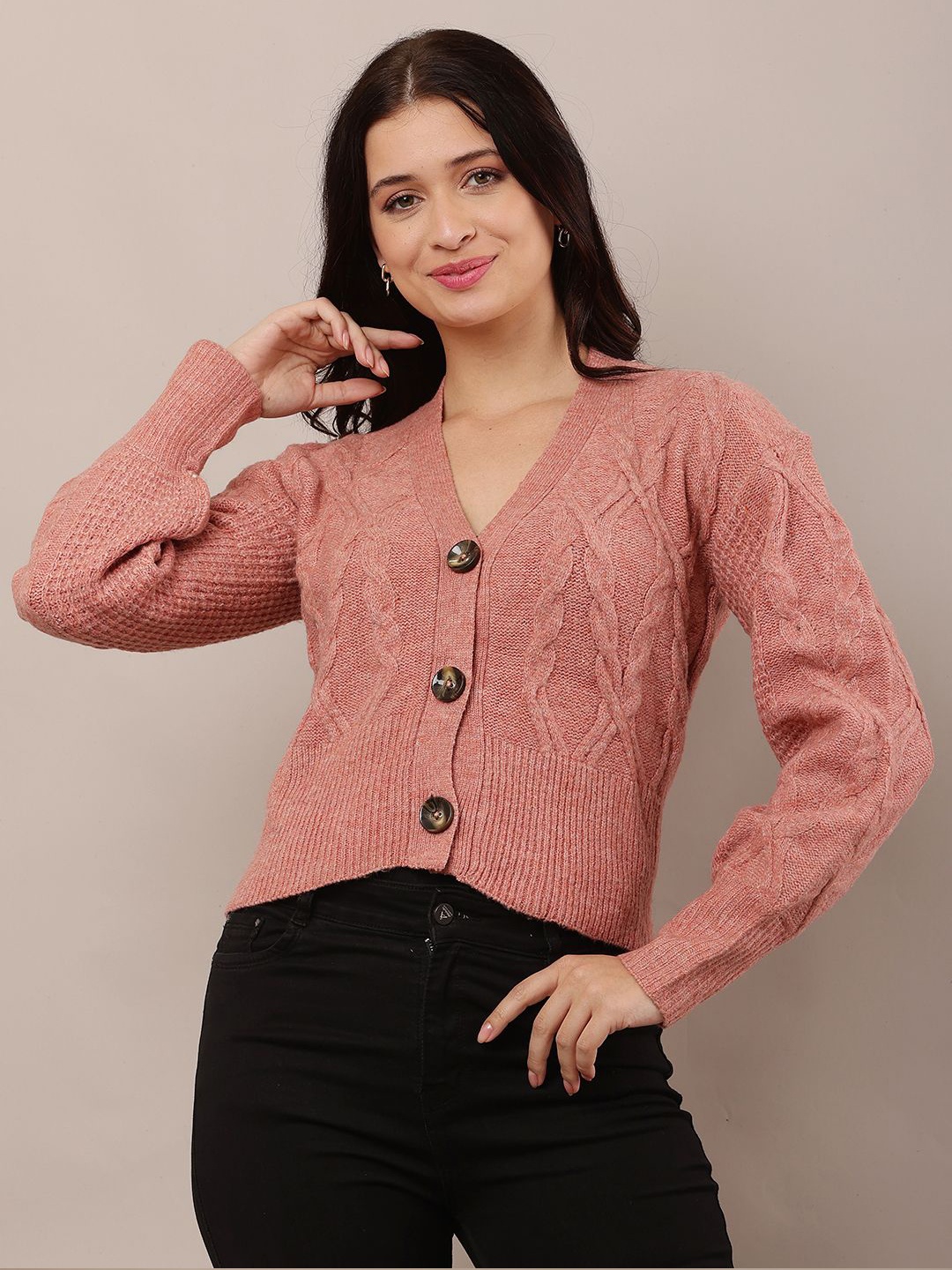 

NoBarr Women Cable Knit Crop Cardigan, Red