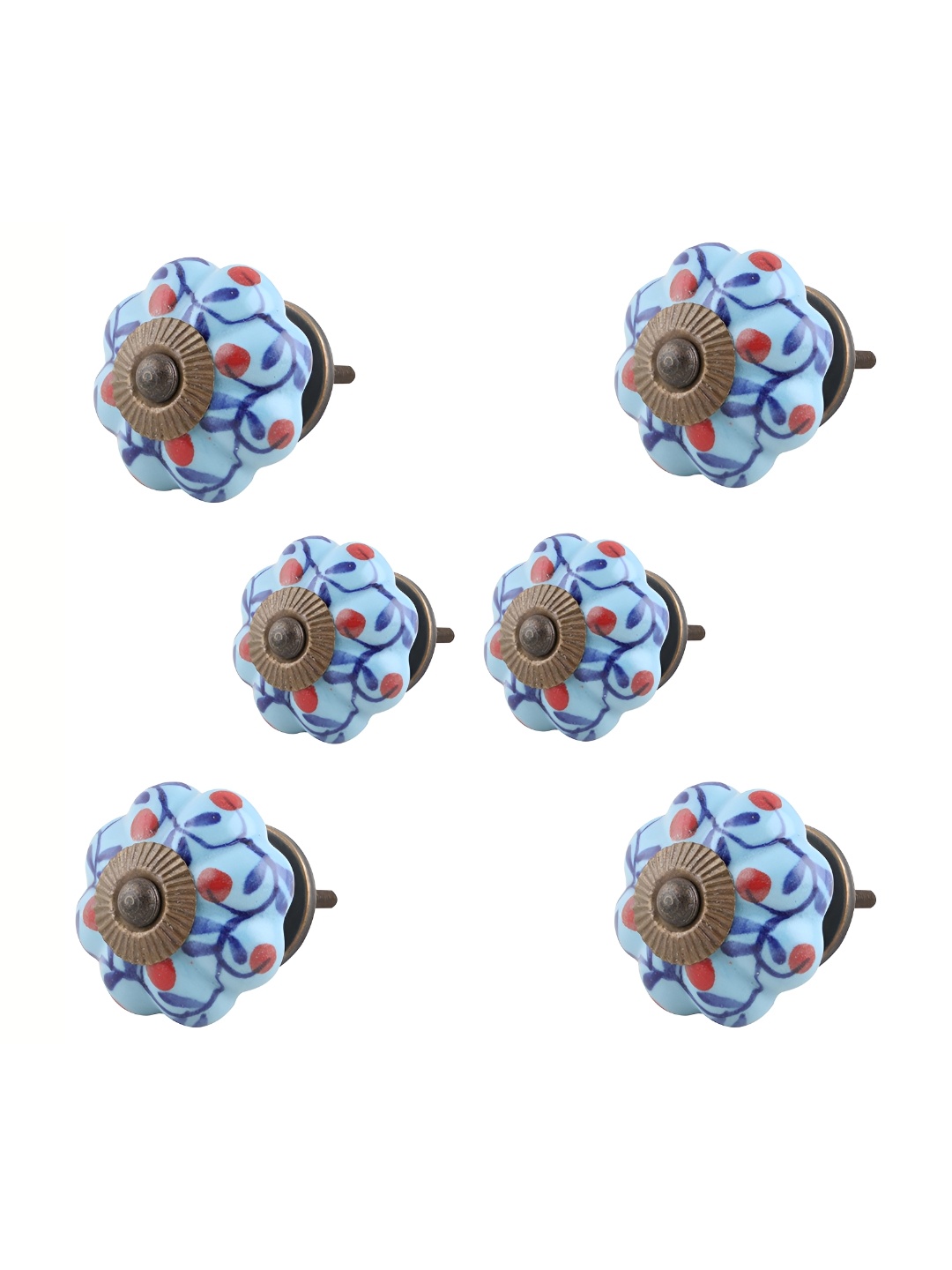 

Indianshelf 6-Pcs Blue & Red Flora Printed Ceramic Knobs