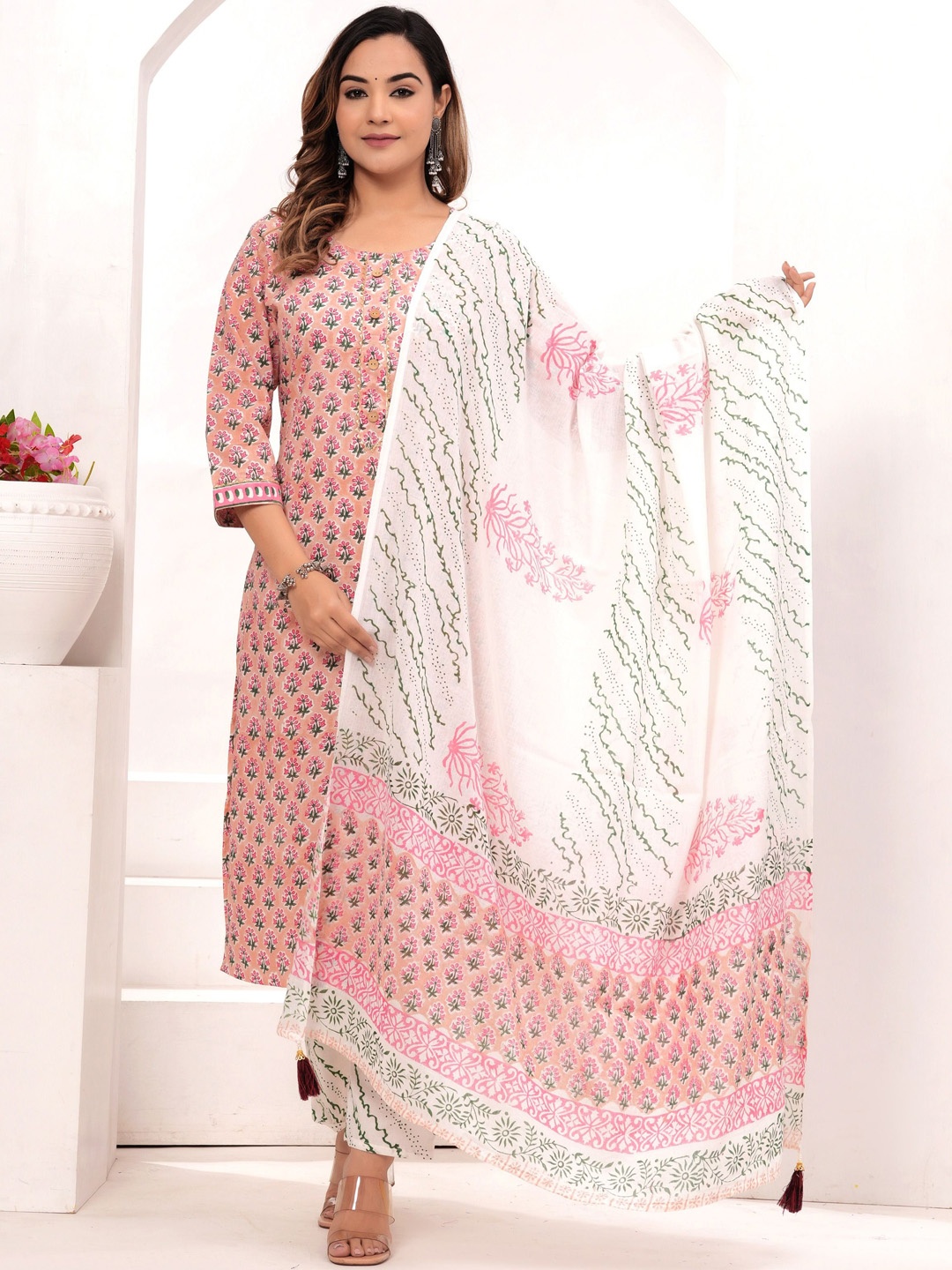 

VASUPRADA Women Ethnic Motifs Printed Regular Kurta with Trousers & With Dupatta, Pink