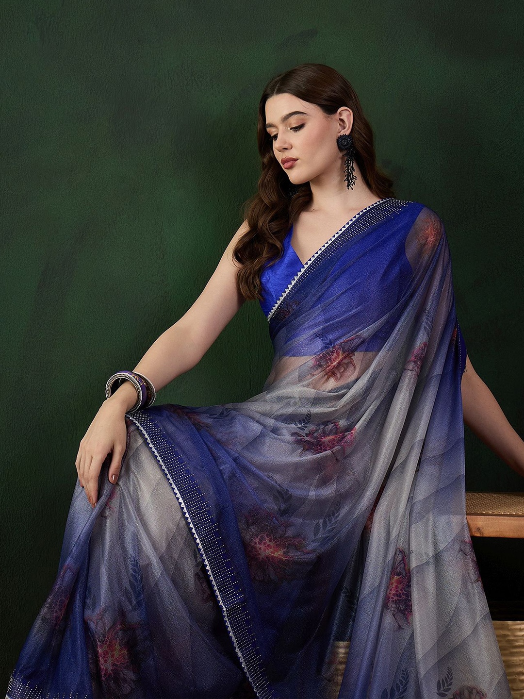 

Sangria Mysore Silk Printed Saree With Blouse Piece, Blue