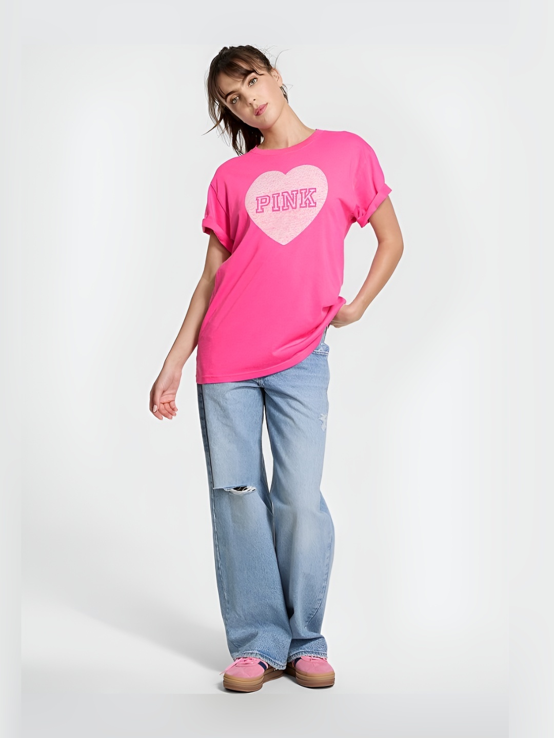 

Victoria's Secret Women Graphic Printed Round Neck Cotton Relaxed Fit T-shirt, Pink