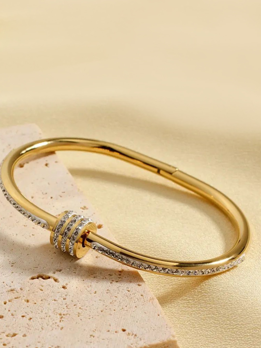 

DIVASTRI Stainless Steel Gold-Plated American Diamond Studded Kada Bracelet