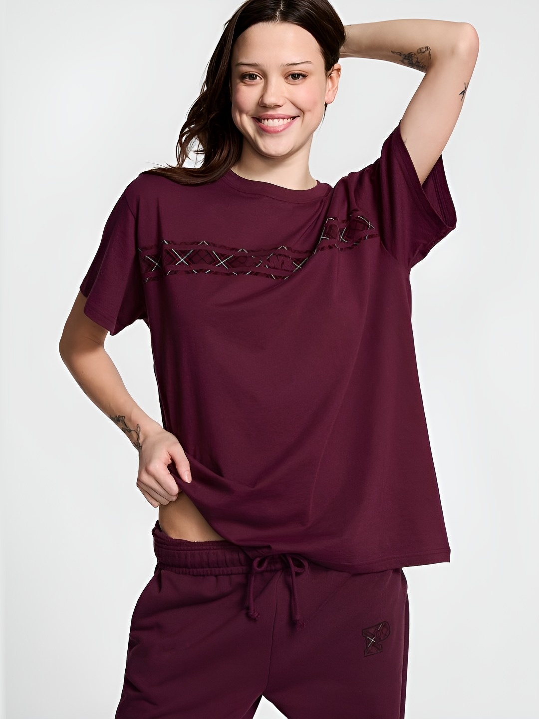 

Victoria's Secret Women Solid Round Neck Cotton Relaxed Fit T-shirt, Purple