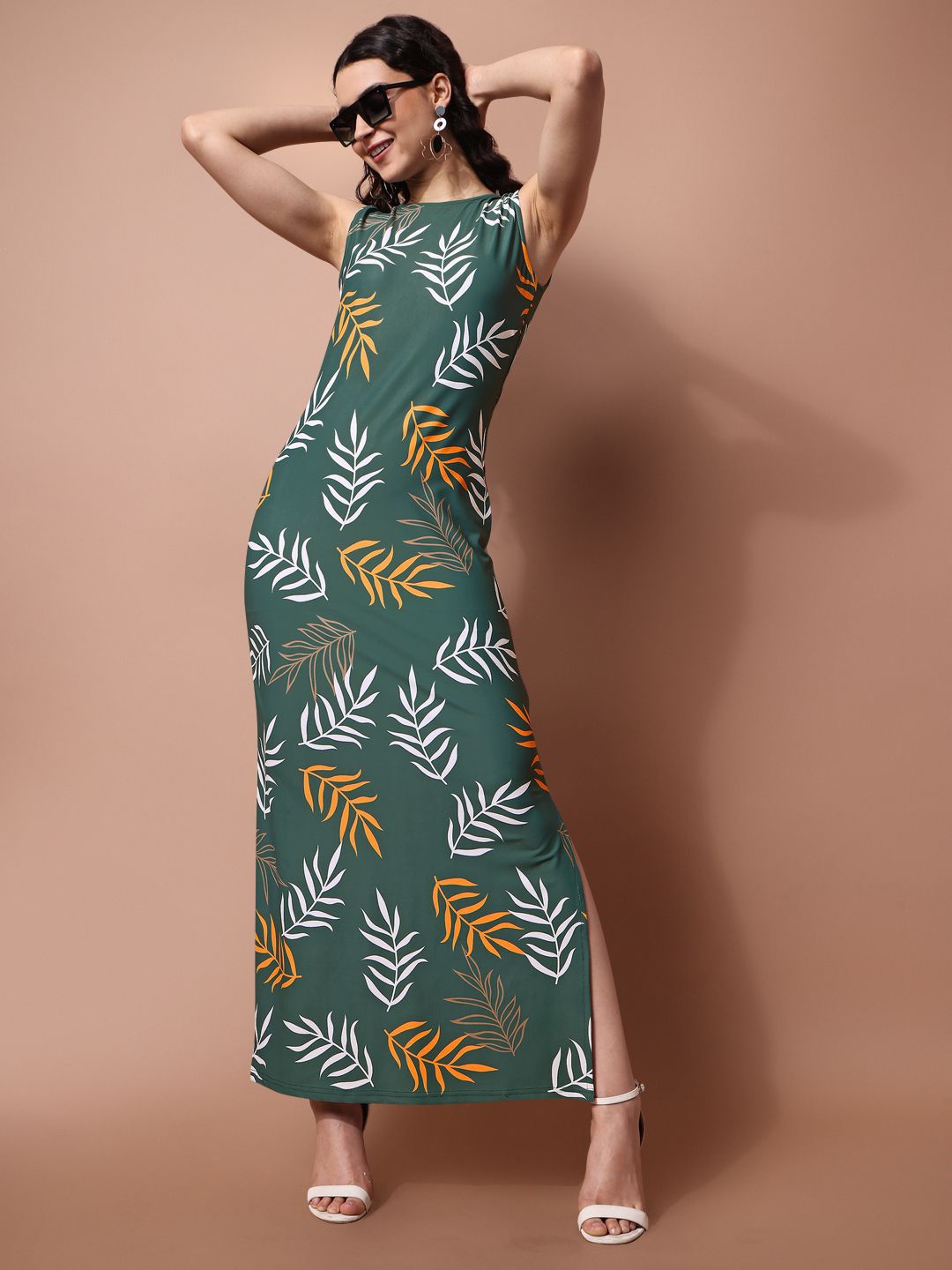 

PURVAJA Women Floral Printed Bodycon Maxi Dress, Green