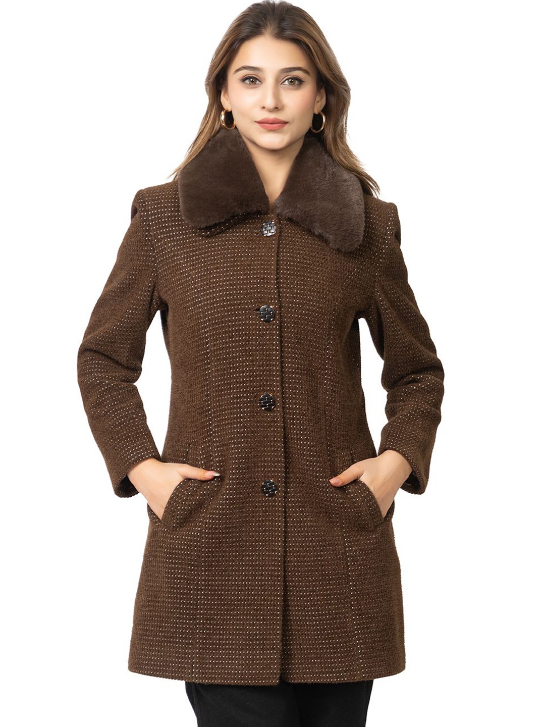 

TWENTY ME Self- Design Single-Breasted Overcoat, Brown