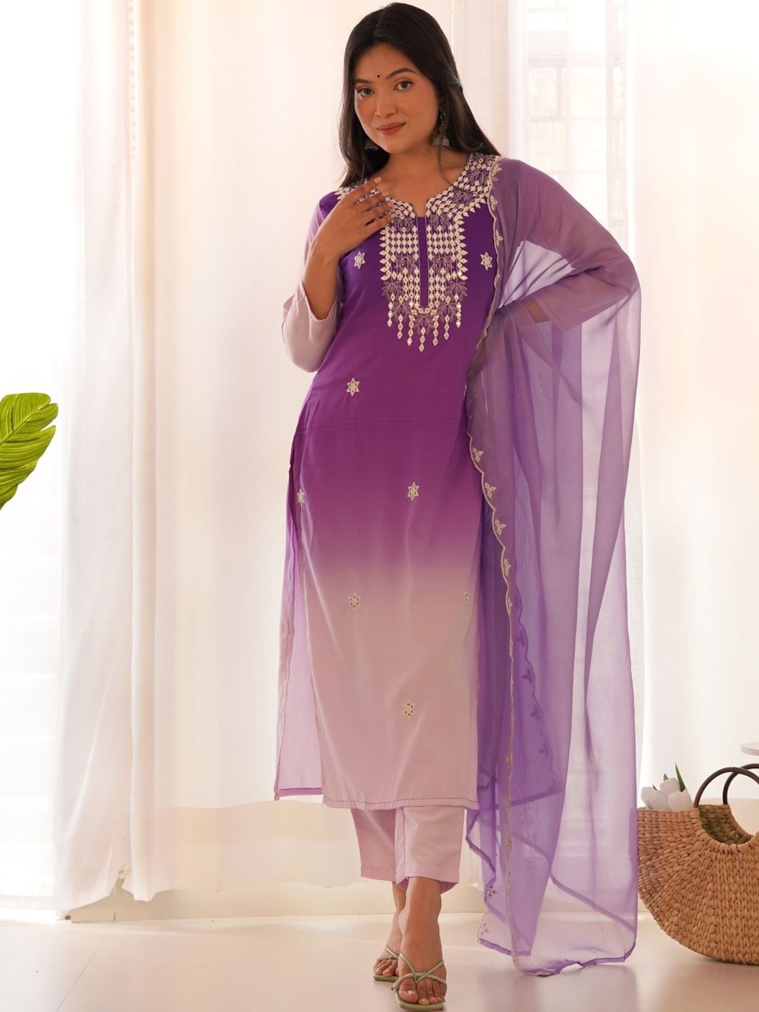 

KALINI Women Floral Embroidered Regular Pure Silk Kurta With Trousers & With Dupatta, Purple