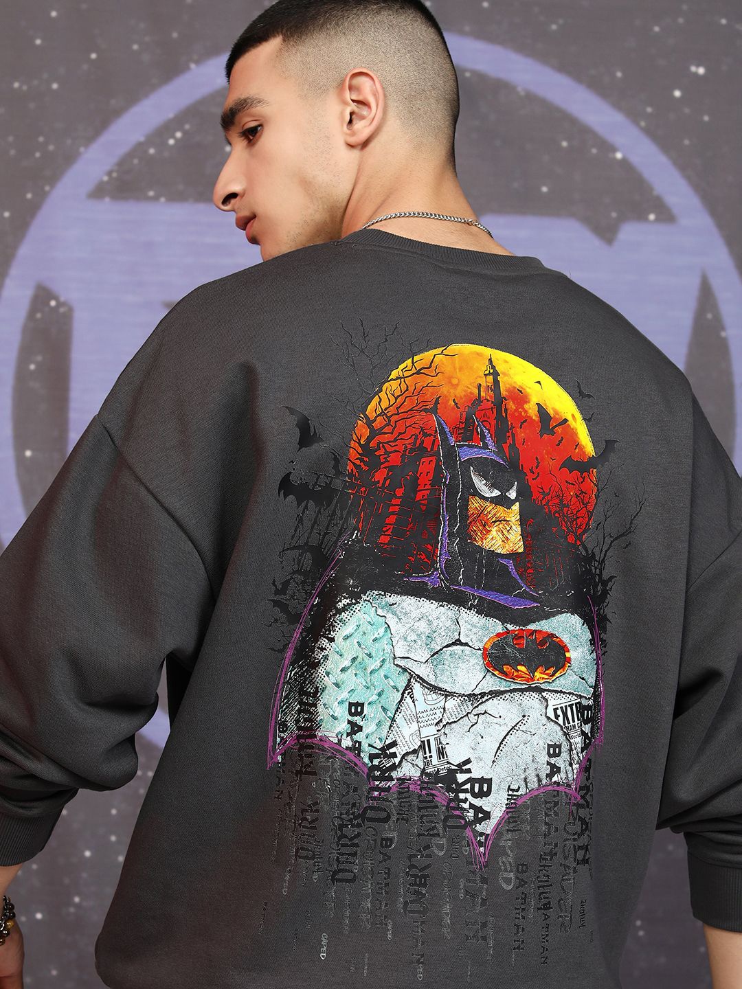 

HIGHLANDER Men Warner Bros Bat Printed Oversized Pullover Sweatshirt, Grey