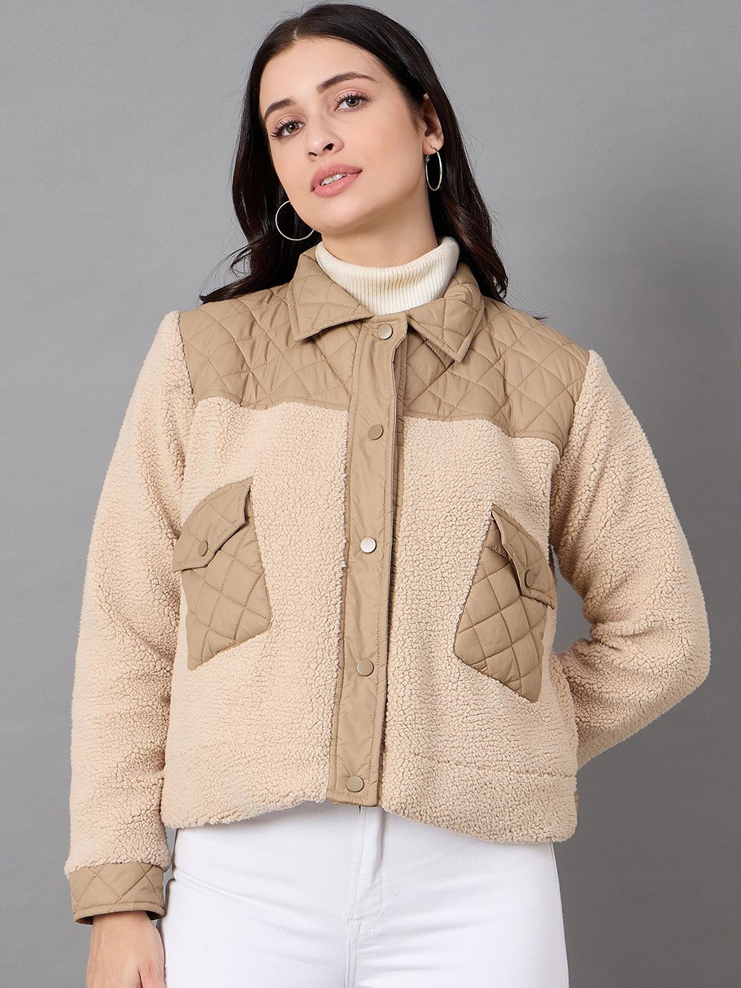 

Club York Women Colourblocked Lightweight Bomber Jacket, Beige