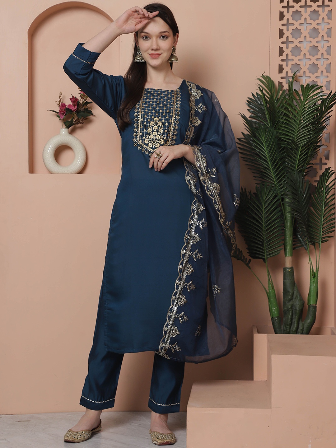 

Roly Poly Women Floral Yoke Design Regular Sequinned Kurta with Trousers & With Dupatta, Teal