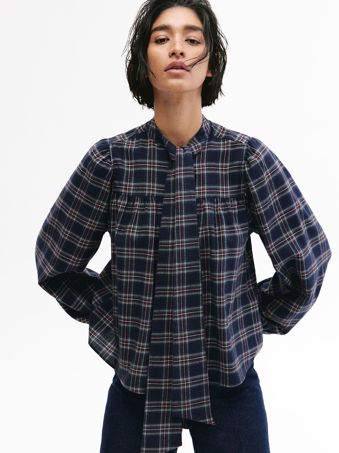 

H&M Checked Tie-Neck Pure Cotton Blouse Top, Navy blue