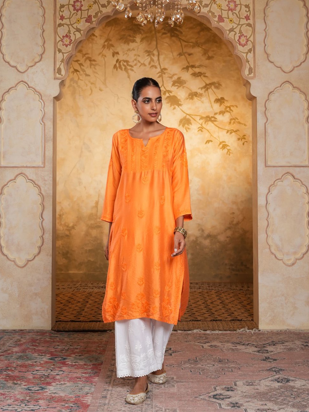 

House of Chikankari Floral Embroidered Chanderi Cotton Straight Kurta, Orange