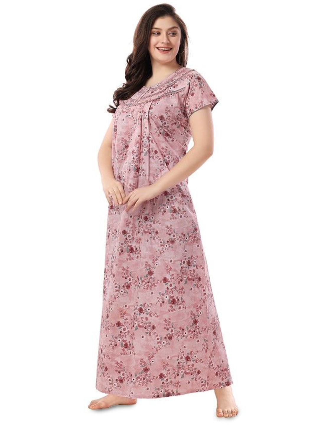 

Soulemo Women Pure Cotton Printed Maxi Nightdress, Peach