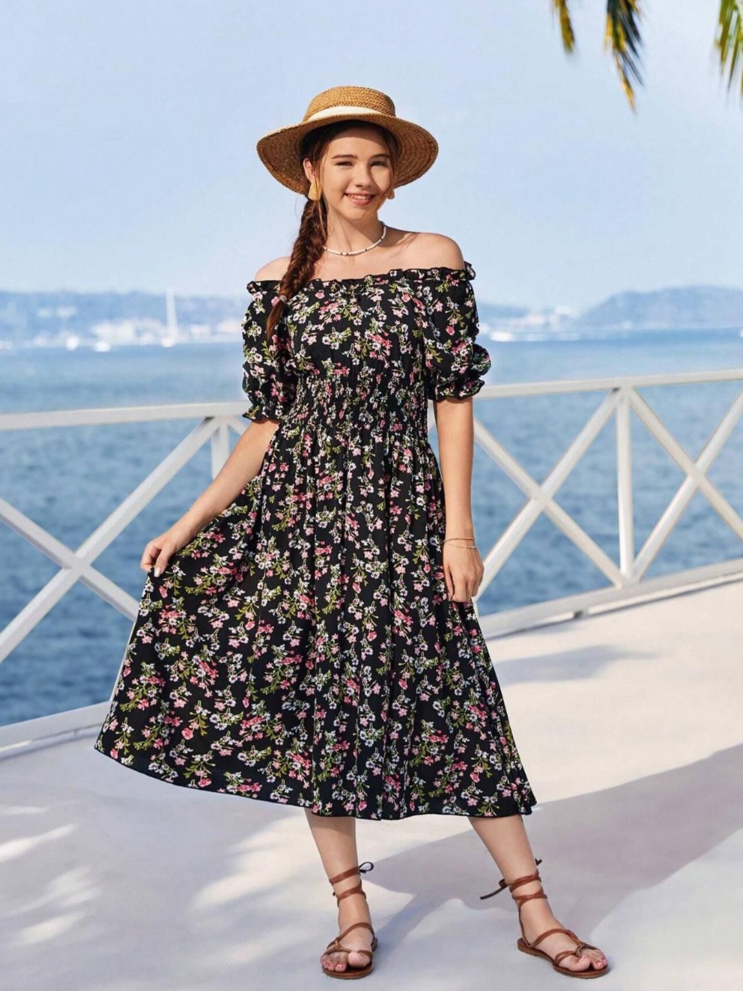 

Miss & Chief Girls Floral Printed Off-Shoulder Fit & Flare Midi Dress, Black