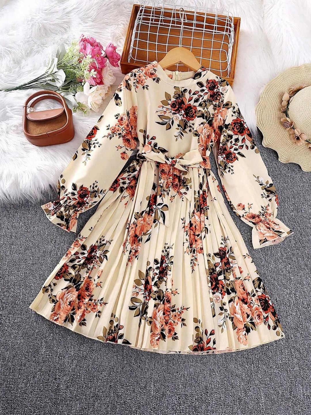 

Miss & Chief Girl Floral Print Round Neck Bishop Sleeve Fit & Flare Dress, Cream