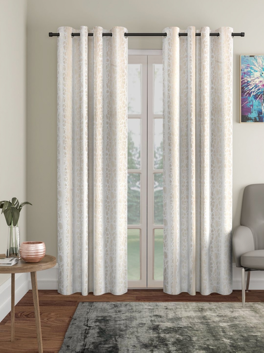 

HOSTA HOMES Cream-Coloured Set of 2 Geometric Long Door Curtain