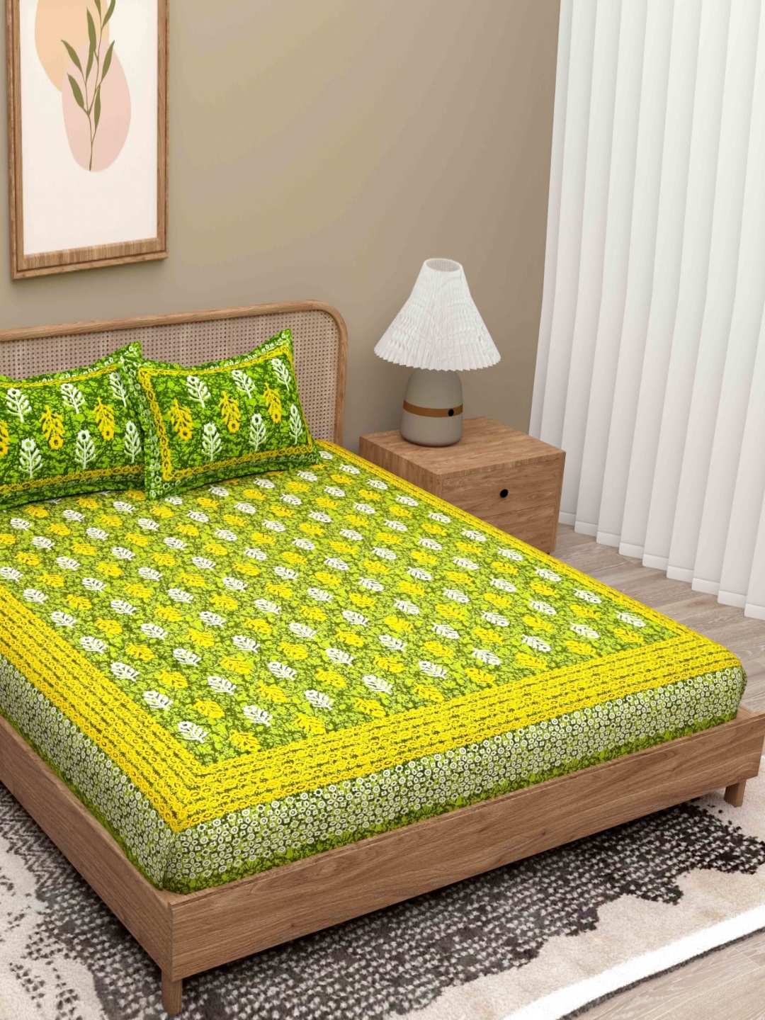 

Lali Prints Green & Yellow Floral 180 TC Queen Bedsheet with 2 Pillow Covers