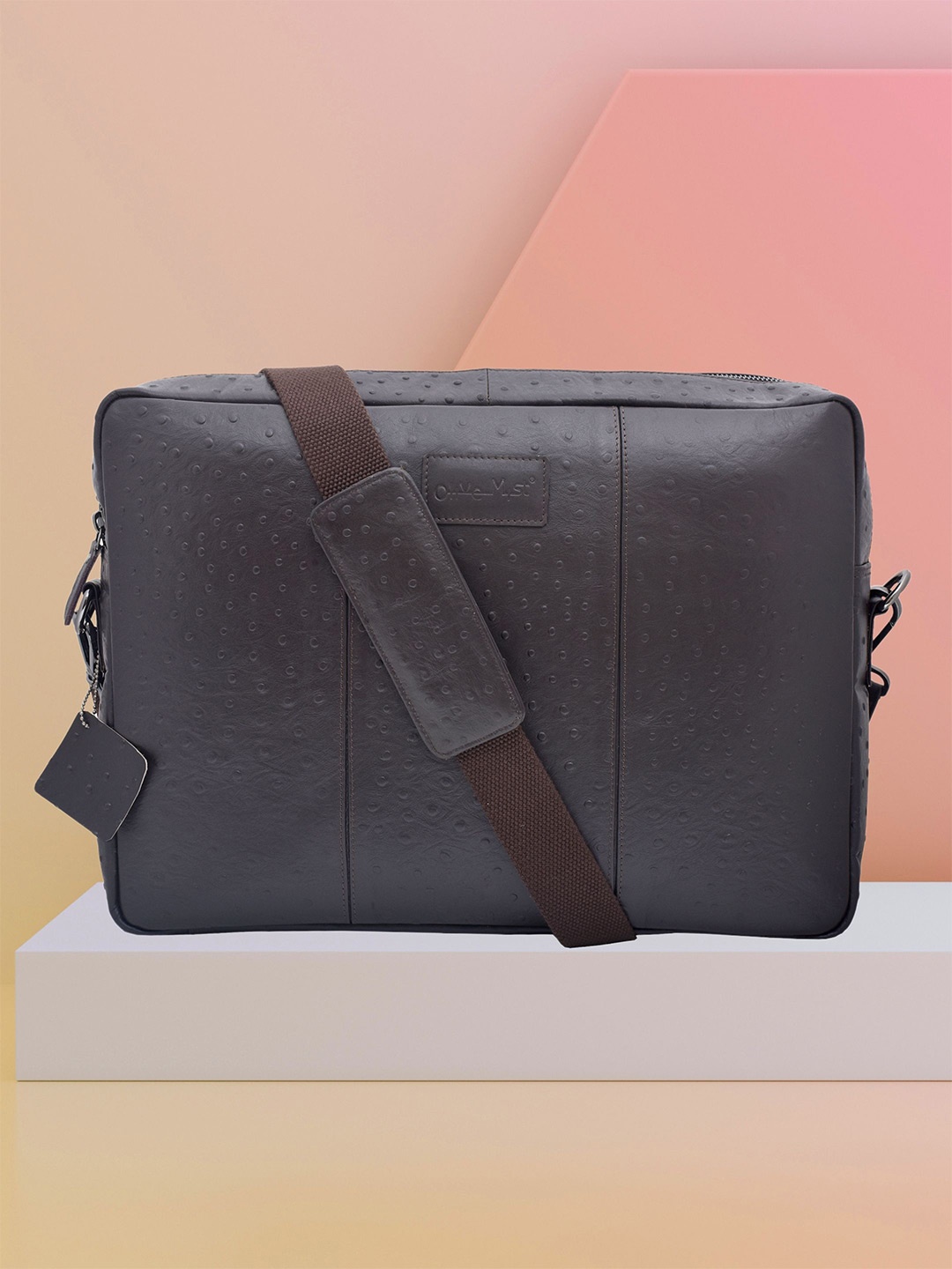 

OLIVE MIST Unisex Textured Leather Laptop Bag, Brown