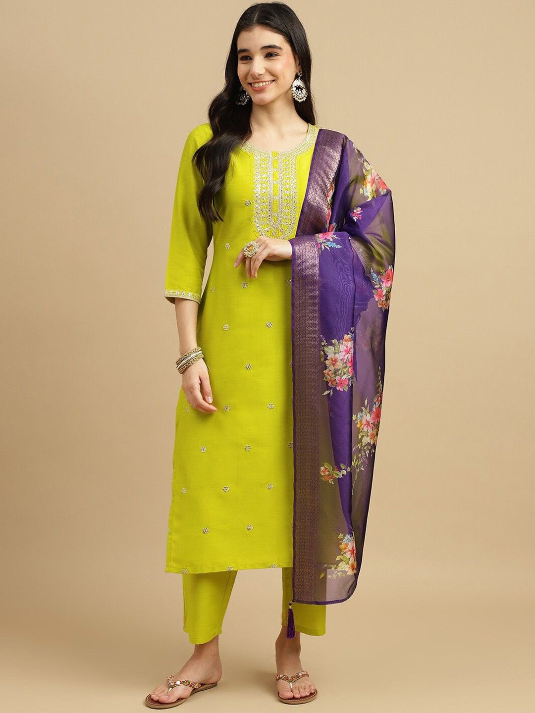 

KALINI Round Neck Floral Embroidered Sequinned Straight Kurta with Trouser & Dupatta, Yellow