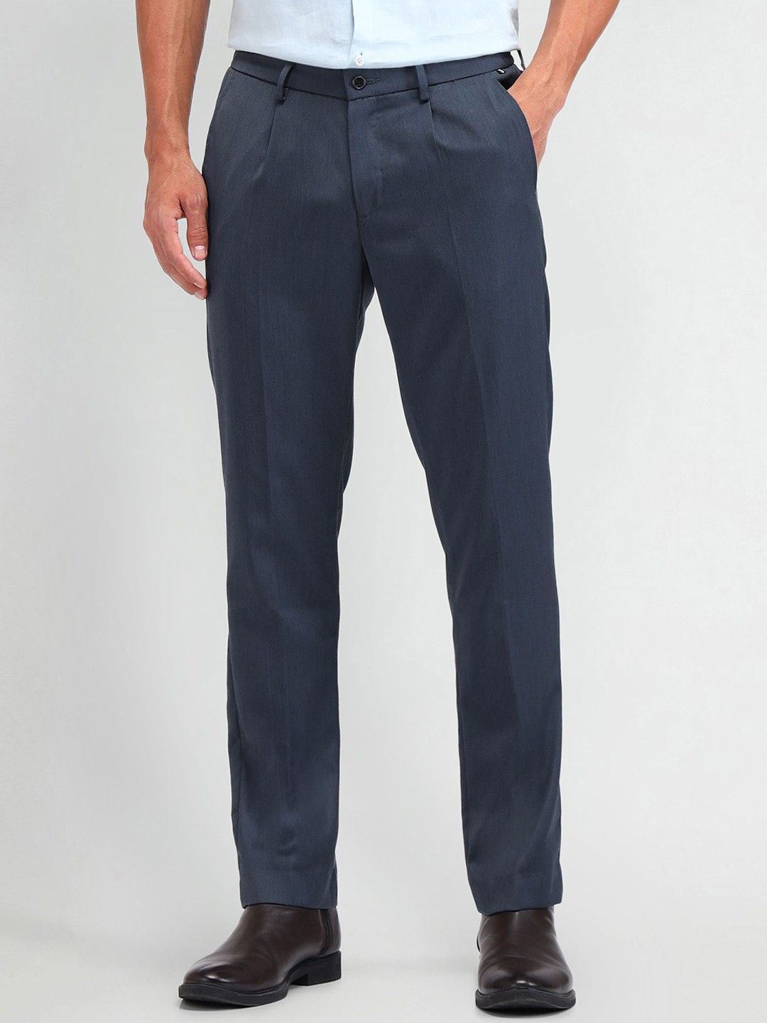 

Arrow New York Men Smart Slim Fit Pleated Formal Trousers, Blue