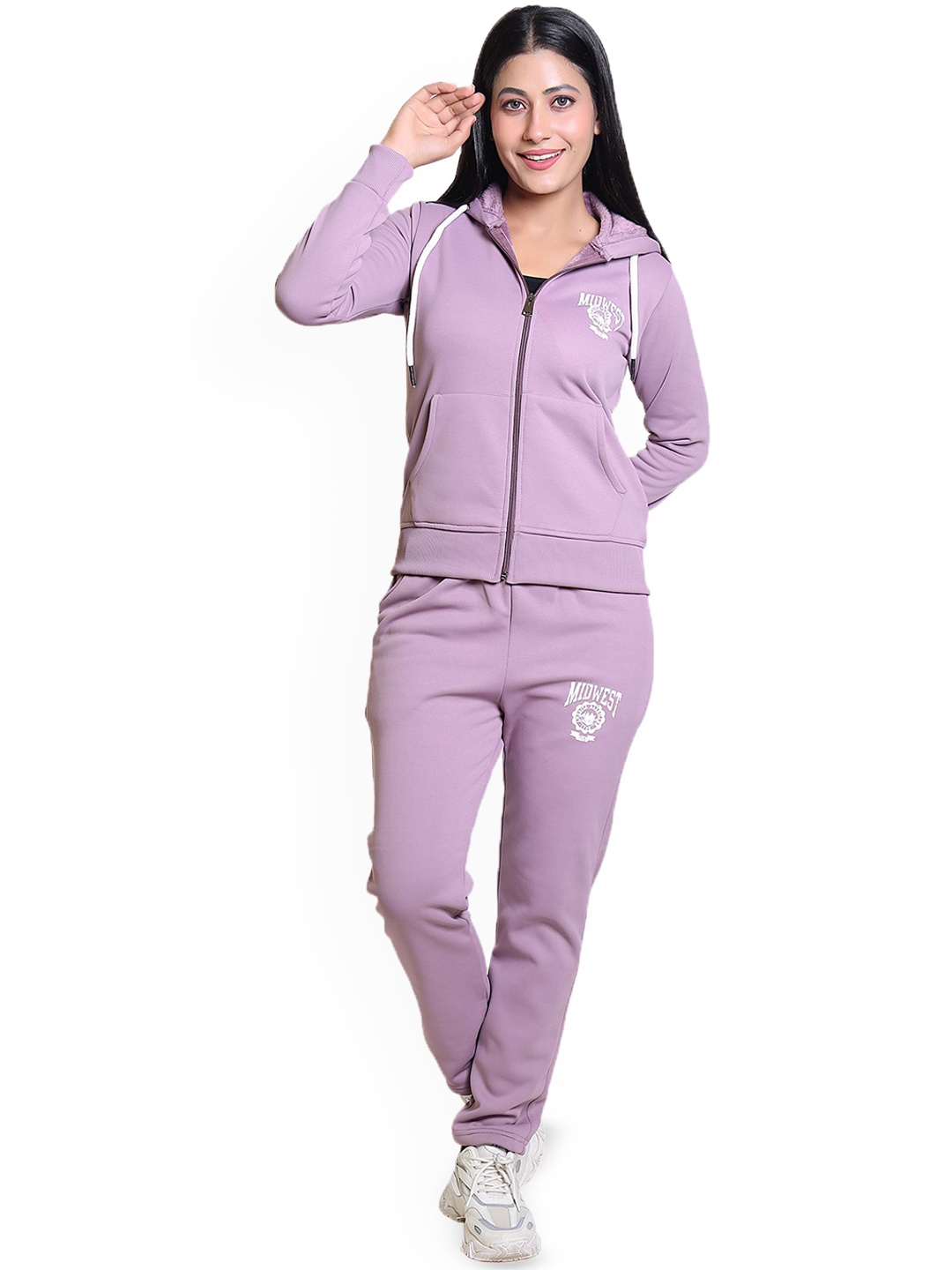 

Divine Girl Women Hooded Long Sleeves Printed Tracksuits, Purple
