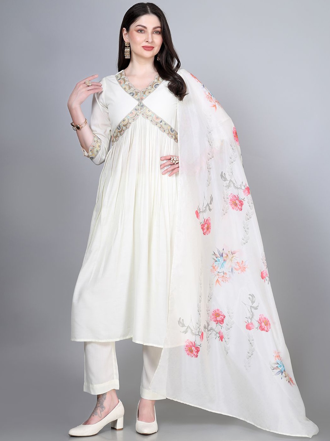 

Laxis Floral Embroidered Regular Sequinned Kurta with Trousers & Dupatta, White