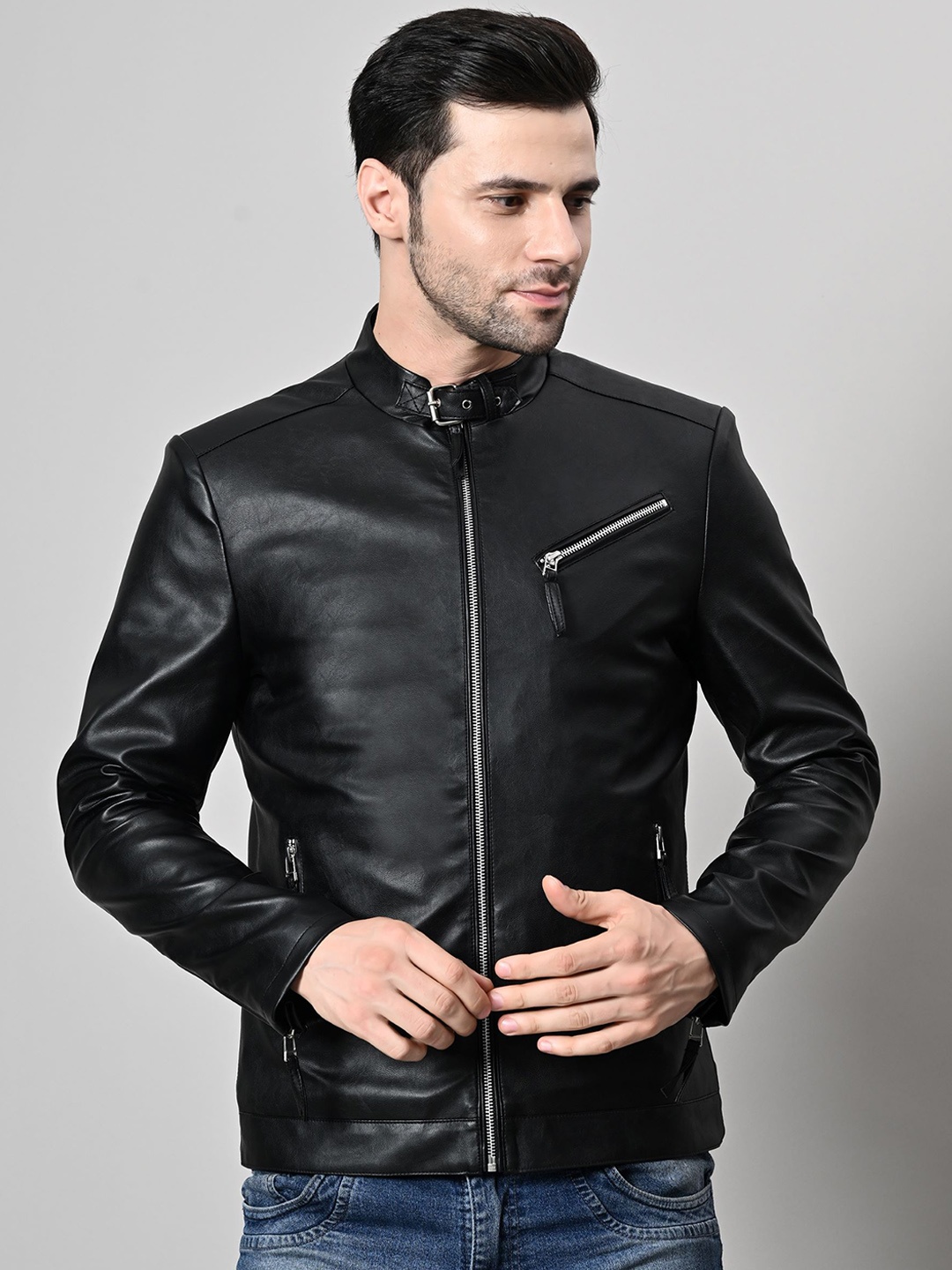 

TBOJ Men Leather Lightweight Biker Jacket, Black