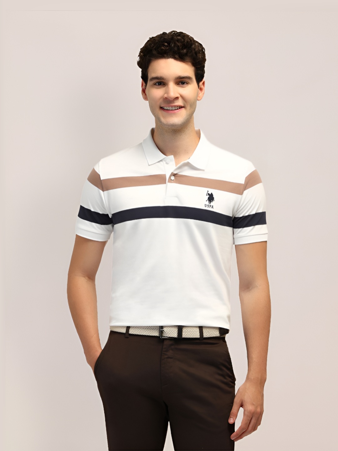 

U.S. Polo Assn. Men Brand Logo Striped Polo Collar Slim Fit T-shirt, White