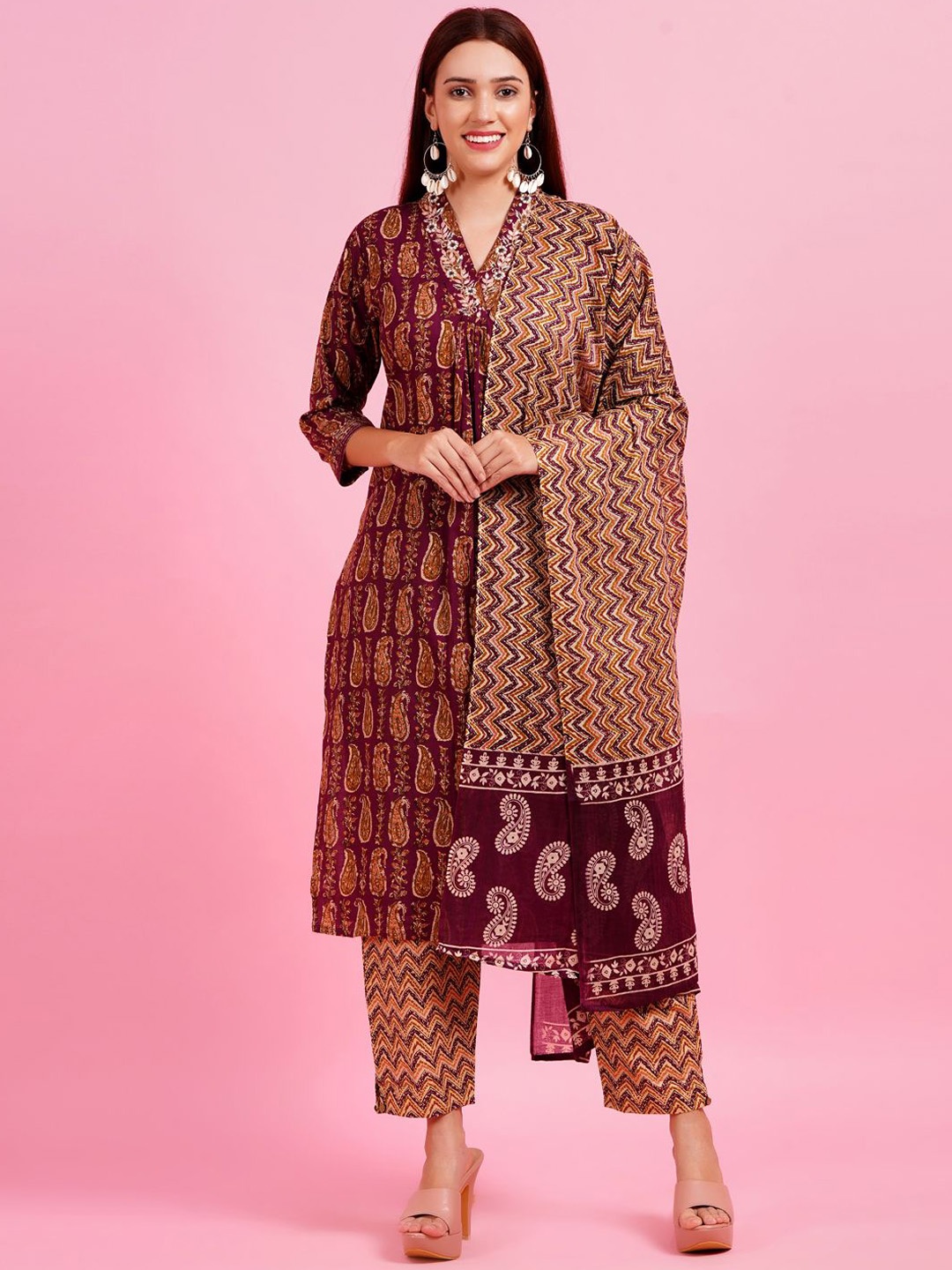 

KALINI Ethnic Motifs Printed Regular Thread Work Pure Cotton Kurta with Trousers & Dupatta, Maroon