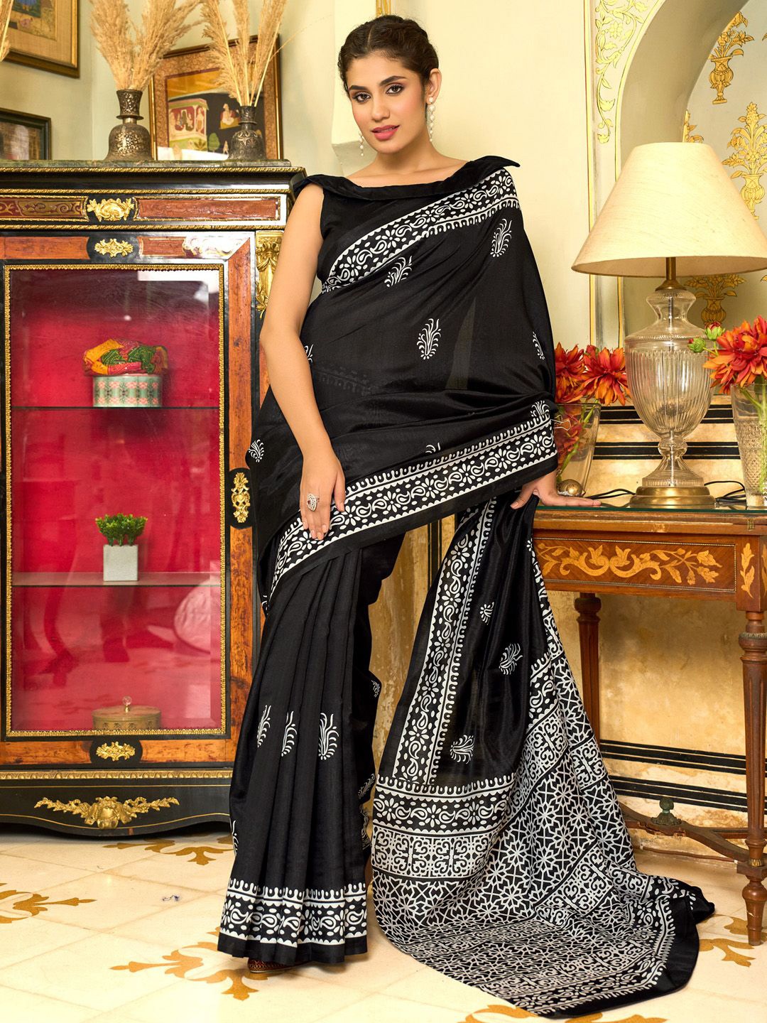 

KALINI Bagh Silk Blend Block Print Saree, Black