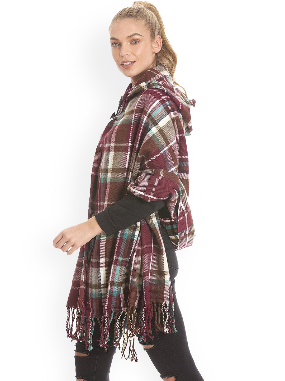 

Bold N Elegant Women Checked Hooded Poncho Sweater, Maroon
