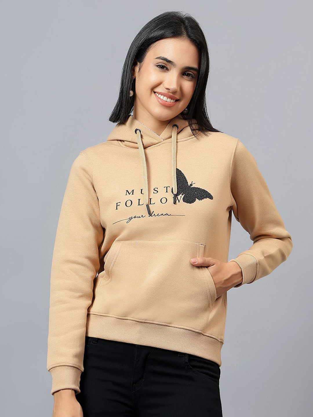 

Cantabil Women Printed Hooded Sweatshirt, Khaki