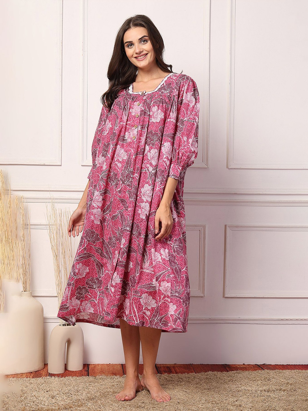 

House Of Zelena Cotton Printed Maternity Zipless Nightdress, Pink