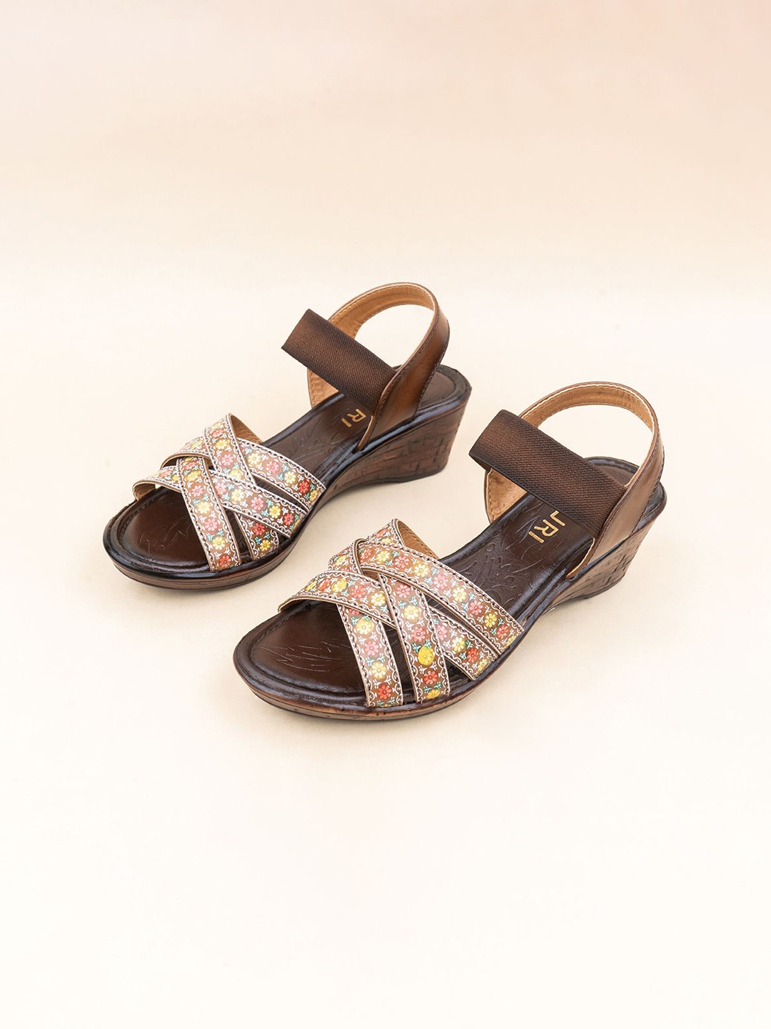 

Ozuri Women Round Toe Printed Leather Wedge Sandals, Beige