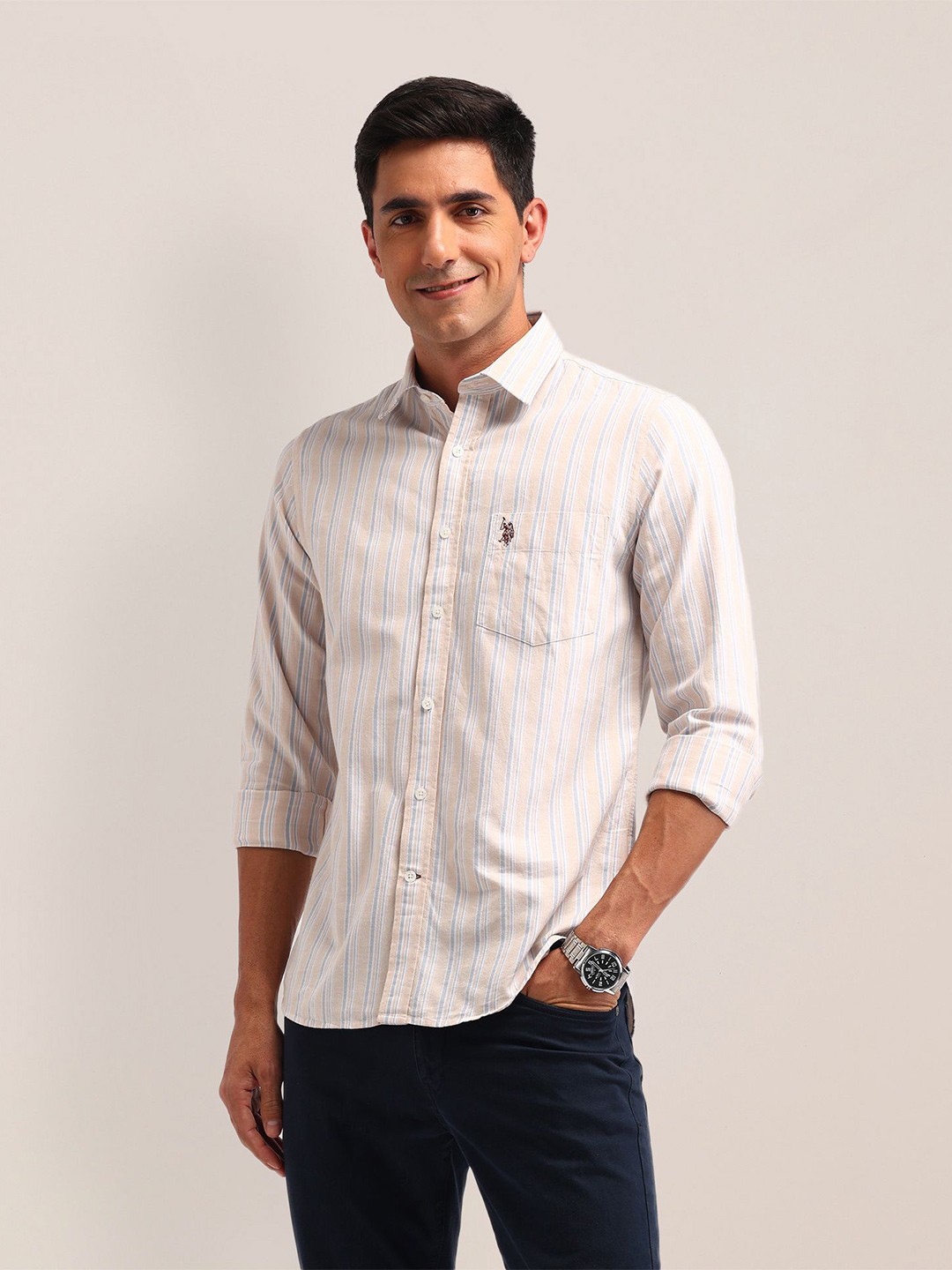 

U.S. Polo Assn. Men Classic Tailored Fit Opaque Striped Casual Shirt, Beige